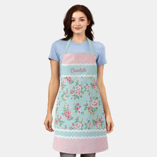 Tablier Custom French Pastel Teal Blue Blush Pink Roses