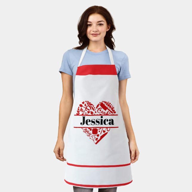 Tablier Custom Name Cooking Apron with Red Heart Design (Porté)