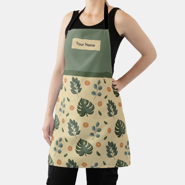 Tablier Custom Name Cream and Sage Green Botanical Apron (Insitu)