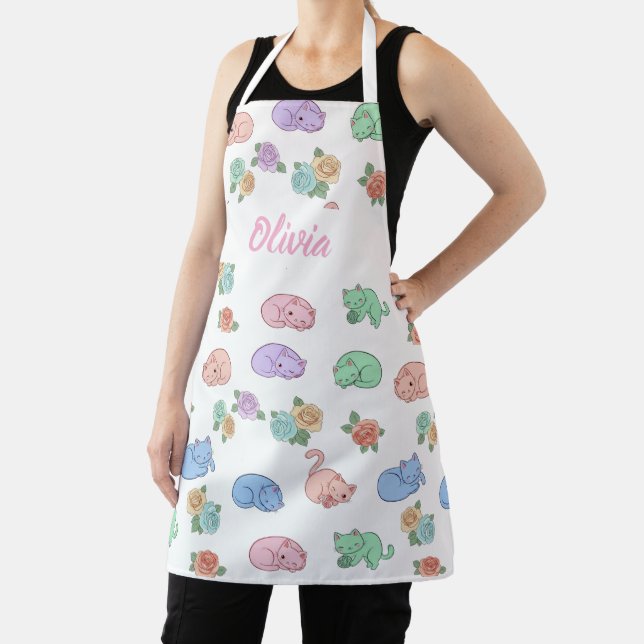Tablier Customizable Pastel Cat and Rose Pattern Apron