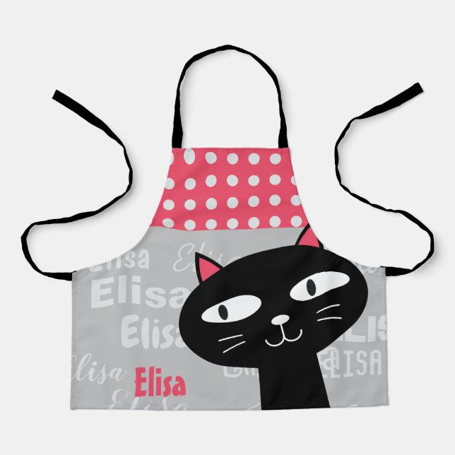 Tablier Cute Chat Noir Pois Rose Ajouter Votre Nom (Recto)