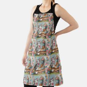 Tablier Cute Chat sur Porche avec Fleurs et Patchwork