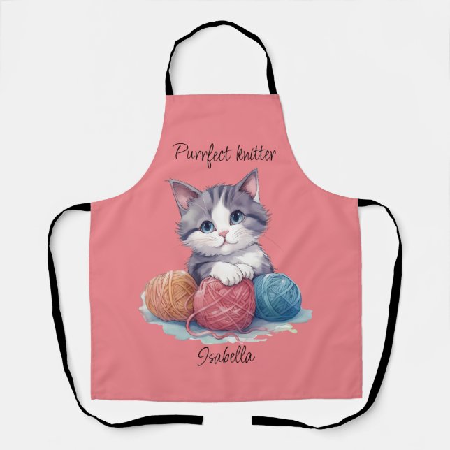 Tablier Cute chaton aquarelle avec fils nom personnalisé (Recto)