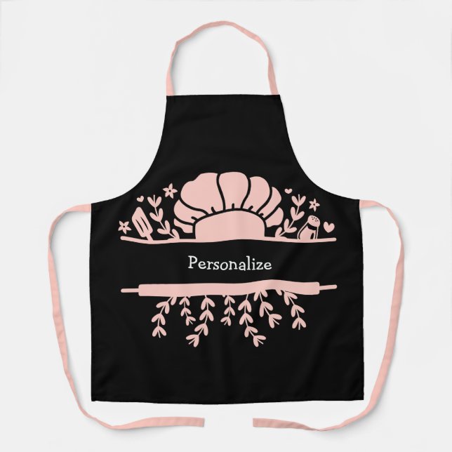 Tablier Cute Chef Casquette Rolling Pin Baker Rose Noir (Recto)