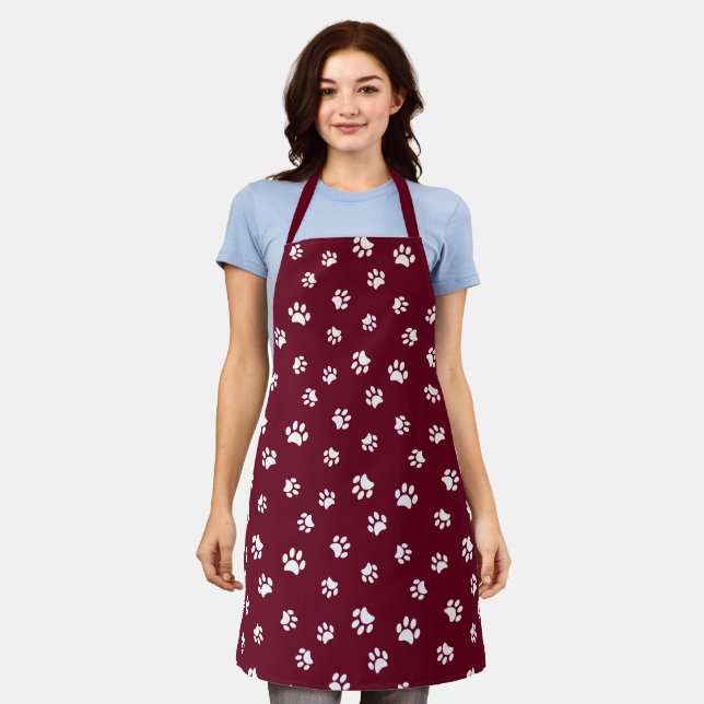 Tablier Cute Empreintes de pattes blancs Motif Bourgogne (Porté)