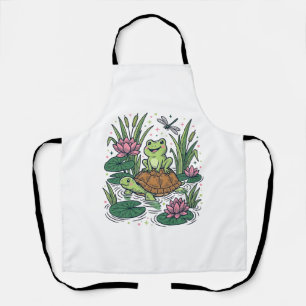 Tablier Cute Frog Riding Turtle Pond Vintage Vector Art_1