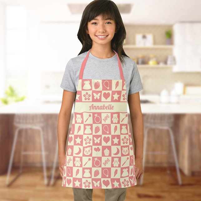 Tablier Cute Girl Moderne rose À damiers Icônes Motif (Créateur téléchargé)