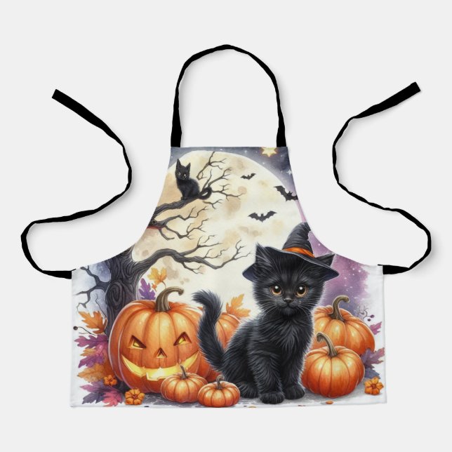 Tablier Cute Halloween Chat noir et Citrouille (Recto)
