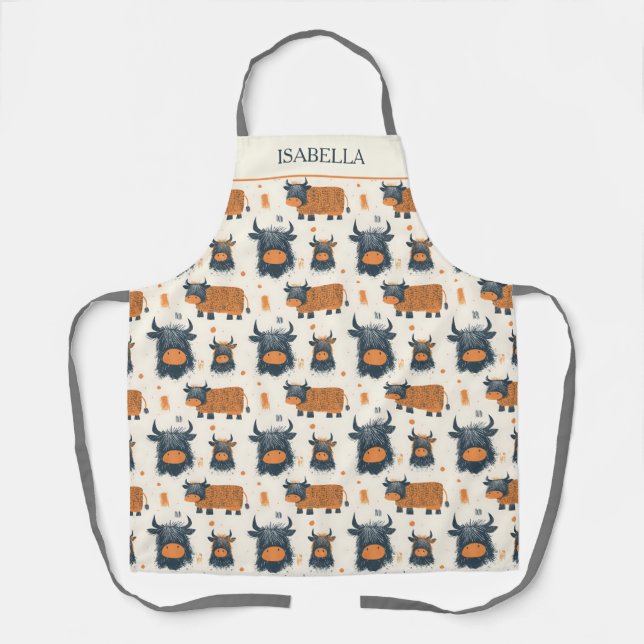 Tablier Cute Highland Cows Orange Grey Personnalisé (Recto)