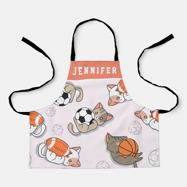 Tablier Cute Kawaii Kittens & Sports Balls Filles Nom Enfa (Recto)