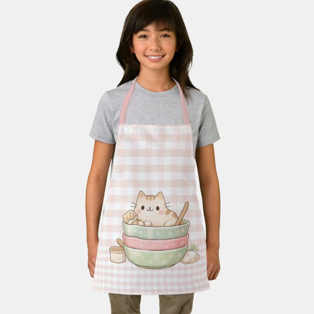 Tablier Cute Kawaii Kitty Cat Baking Pastel Gingham Pink (Insitu)