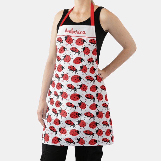 Tablier Cute Ladybug Blanc Design Rouge Noir Whimsical (Insitu)