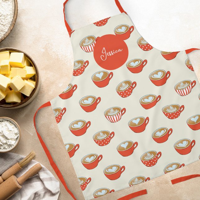 Tablier Cute Latte Art dans le Motif de Mugs de café rouge (Red Latte Art Pattern Apron with custom name)