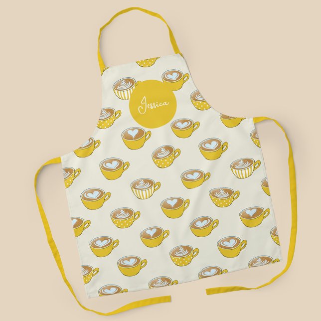 Tablier Cute Latte Art en Motif de tasses de café jaune (Yellow Latte Art Mugs with Name Apron)