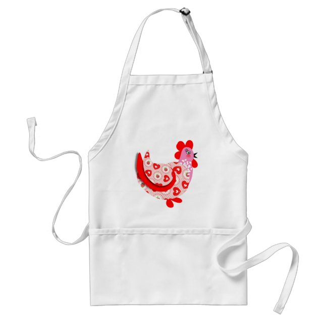 Tablier Cute Little Hen rose Fleur rouge et Motif des Coeu (Devant)