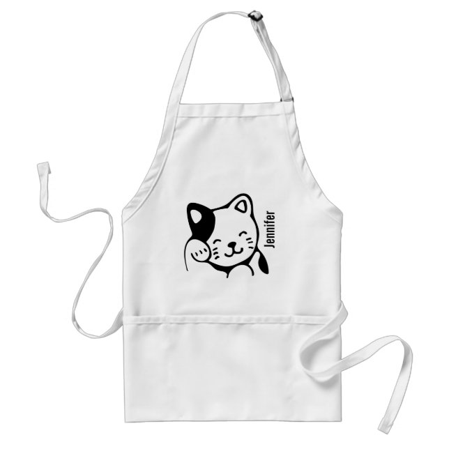 Tablier Cute noir et blanc Kitty Chat Waving Bonjour (Devant)