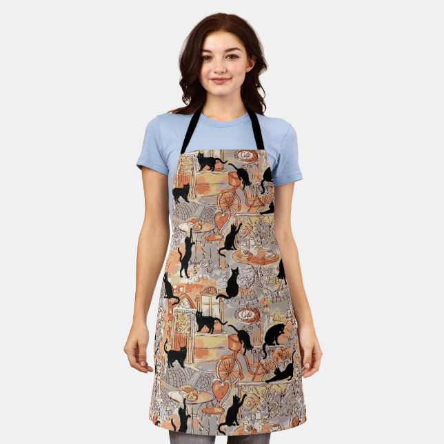 Tablier Cute Paris Café Chats Noirs Gris & Motif Brown (Porté)