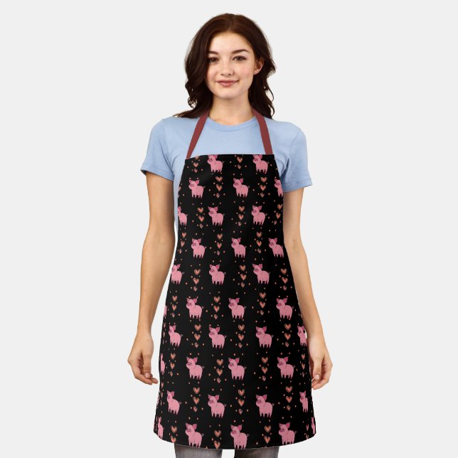 Tablier Cute Pig Piggy Motif avec Coeurs Rose Noir (Porté)