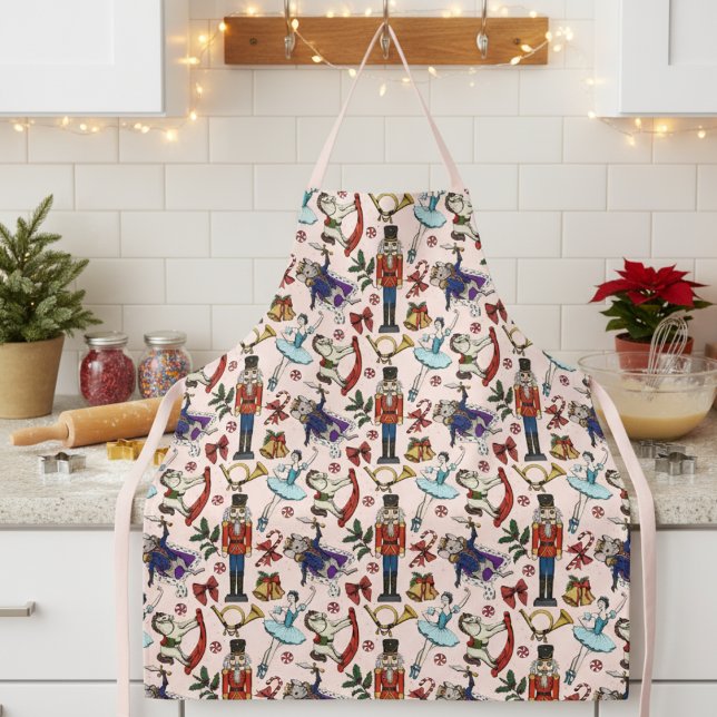 Tablier Cute Pink Christmas Nutcracker Ballet Pattern (Festive Pink and Red Nutcracker Ballet Pattern Holiday Baking Apron for Her. )