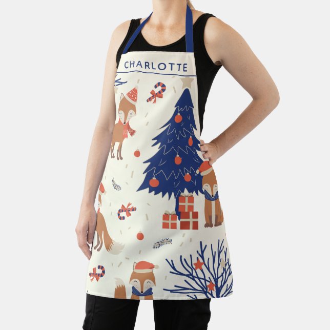 Tablier Cute Retro Fox et sapin de Noël Personnalisé (Insitu)
