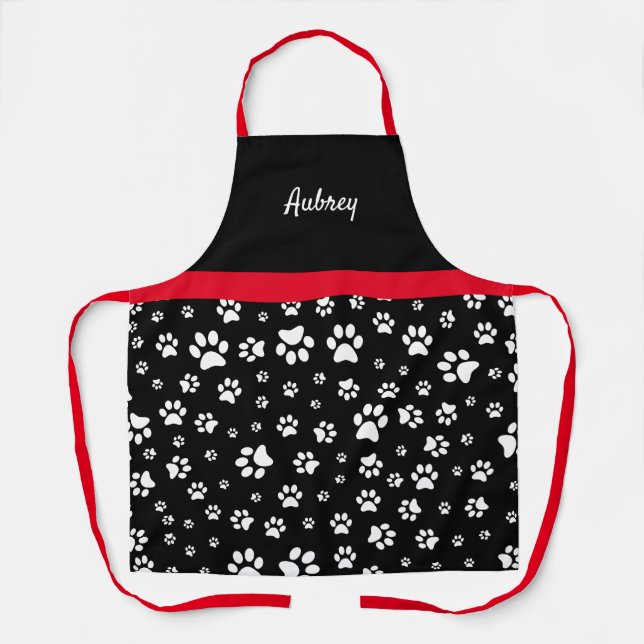 Tablier Cute rouge noir et blanc Empreinte de patte person (Recto)
