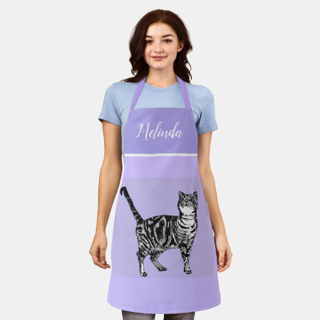 Tablier Cute Tabby Chat Pastel violet Lavande Chats Apron (Porté)