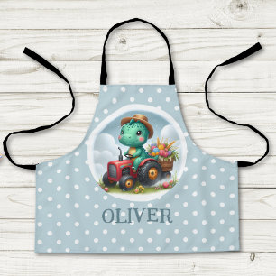 Tablier Cute Trex Dinosaur conduisant un tracteur rouge