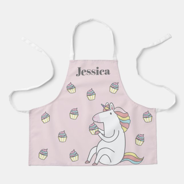 Tablier Cute Unicorn Manger Cupcake Rose Personnalisé (Recto)