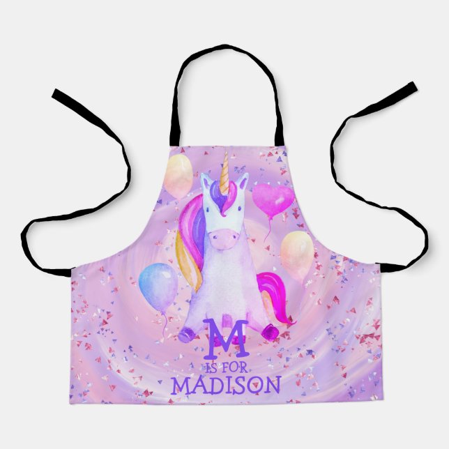Tablier Cute Whimsical Rose Aquarelle Girly Unicorn Nom (Recto)