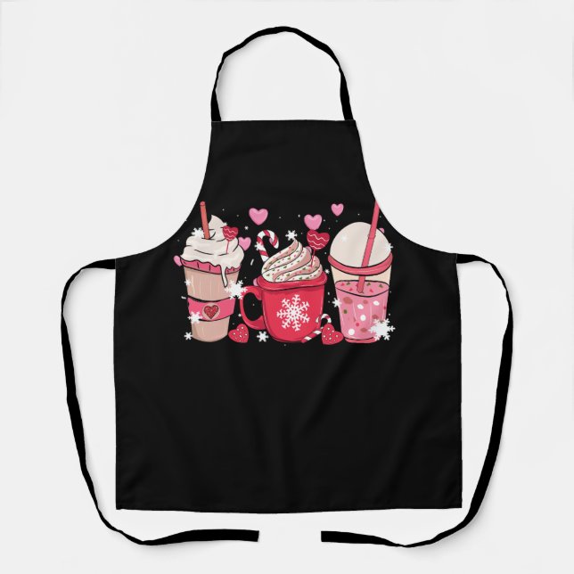 Tablier Cute Xmas Café Rose Et Coupes De Crème Latte Joyeu (Recto)