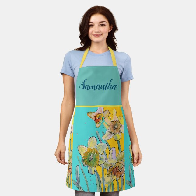 Tablier Daffodique Aquarelle Fleur Jaune Printemps vert (Porté)