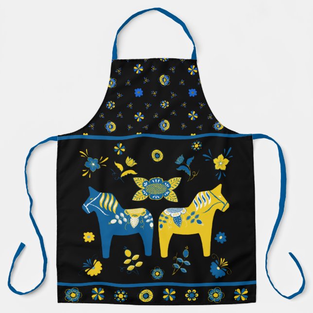 Tablier Dala folklorique suédoise Cheval le bleu et jaune (Recto)