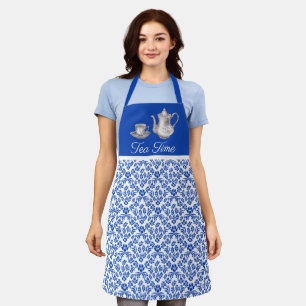 Tablier Damas bleu et blanc avec pot de thé et coupe