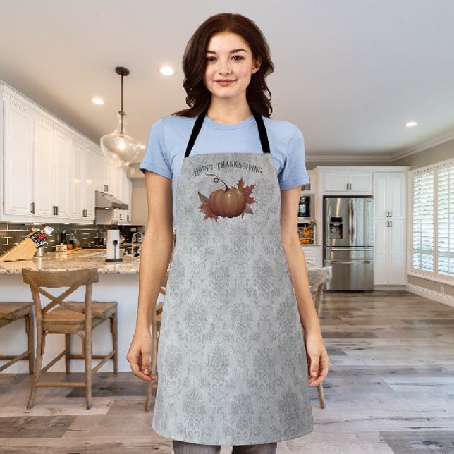 Tablier Damask, Citrouille de Thanksgiving | Gris (Gray Thanksgiving Pumpkin Damask Apron)