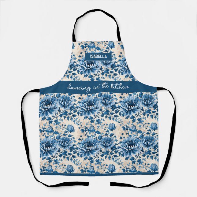 Tablier "Dancing in the Kitchen" - Blue Floral Nom personn (Recto)