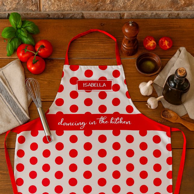 Tablier "Dancing in the Kitchen" - Pois blancs et rouges (Créateur téléchargé)