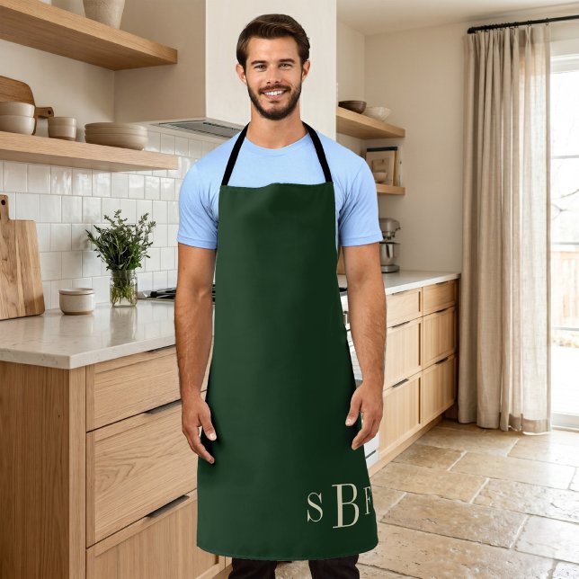 Tablier de chef à monogramme vert forêt (Monogram Forest Green Boho Moody Kitchen Gift Apron)