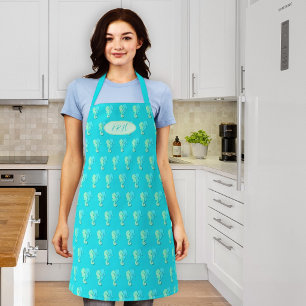 Tablier de chef monogrammé motif hippocampes bleu 