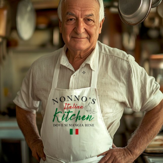 Tablier de cuisine Nonno's Italian Kitchen - Dove  (White apron with “Nonno’s Italian Kitchen” in red and green script, “Dove si mangia bene” phrase, It)