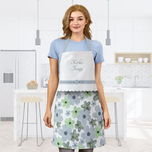 Tablier de cuisine vert et gris à fleurs délicates