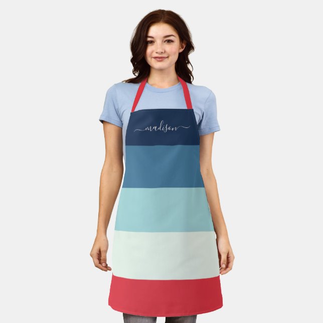 Tablier de nom de script rayé bleu moderne (Porté)
