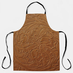 Tablier Décor occidental cowboy floral, cuir marron foncé.