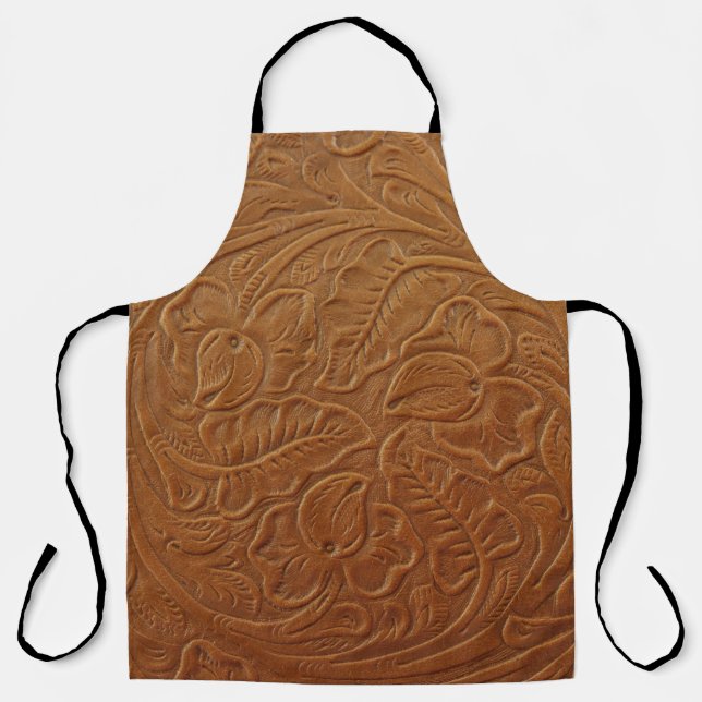 Tablier Décor occidental cowboy floral, cuir marron foncé. (Recto)
