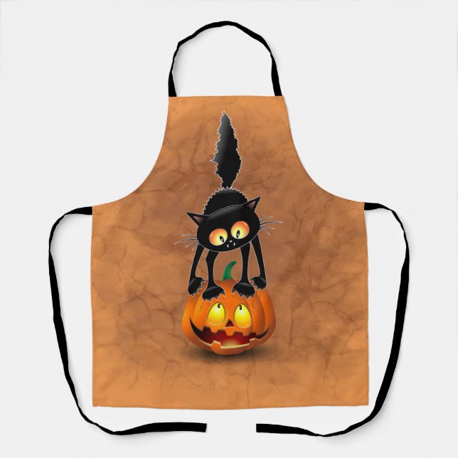 Tablier Dessin d'Halloween au chat effrayé sur Citrouille (Recto)