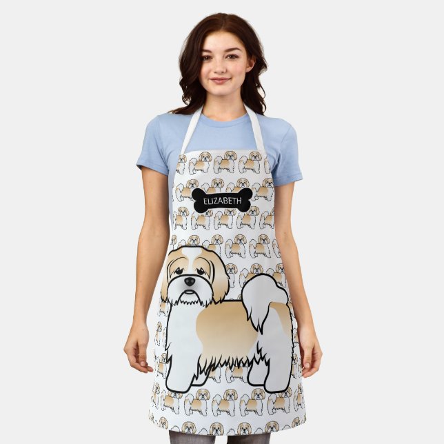 Tablier Dessin et nom en or et blanc Lhasa Apso (Porté)