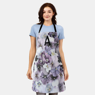 Tablier Dessin vintage de pensées violettes roses blanches