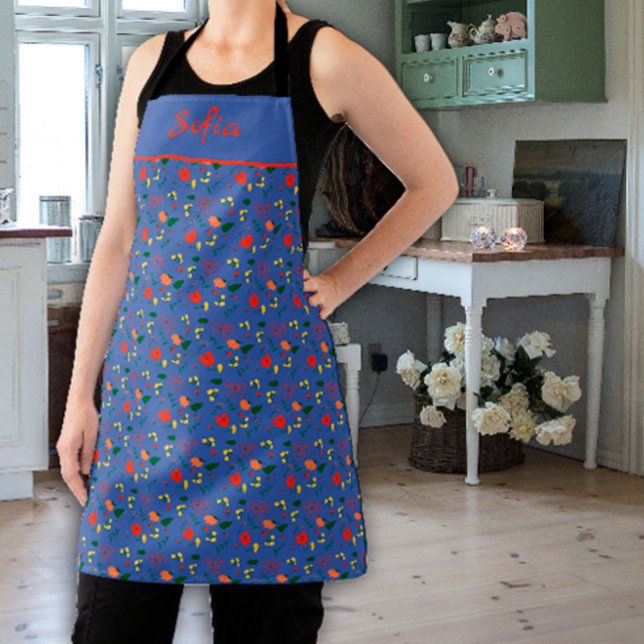 Tablier d'impression bleu motif fleur sauvage (Créateur téléchargé)