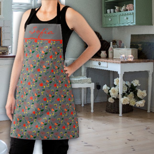 Tablier d'impression gris motif fleur sauvage (Créateur téléchargé)