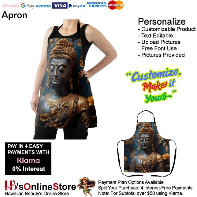 Tablier d'impression tout-en-un Bouddha (Buddha Calm Black Gold Floral Background Apron.)
