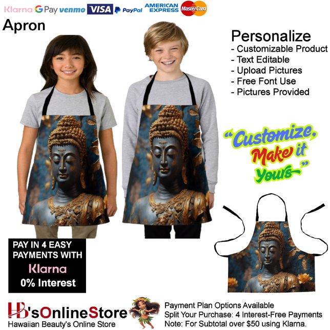 Tablier d'impression tout-en-un Bouddha petit (Buddha Calm Black Gold Floral Background Apron.)